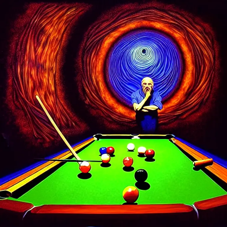 Prompt: portrait of god playing pool in a vortex, highly detailed digital art, by alex grey, chiaroscuro, awe inspiring