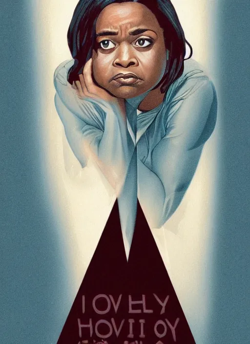 Image similar to psychological thriller I Only Have Eyes For You poster artwork the by Michael Whelan and James Jean, of Octavia Spencer has mysterious man's voice in her head telling her what to do, psychological thriller romance from scene from Twin Peaks, clean, beautifully rendered shaded but simple illustration, nostalgic, domestic, full of details