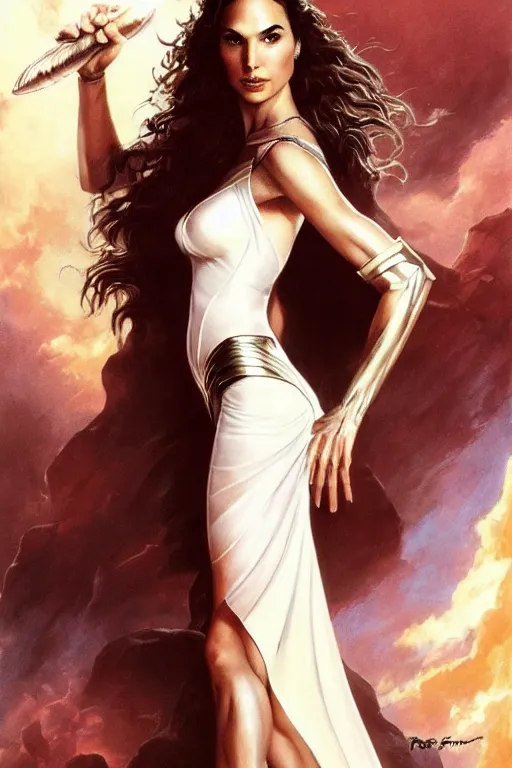 Prompt: a stunning full body portrait of Gal Gadot wearing a divine white dress, fantasy art by Frank Frazetta and Boris Vallejo, highly detailed, trending on artstationhq