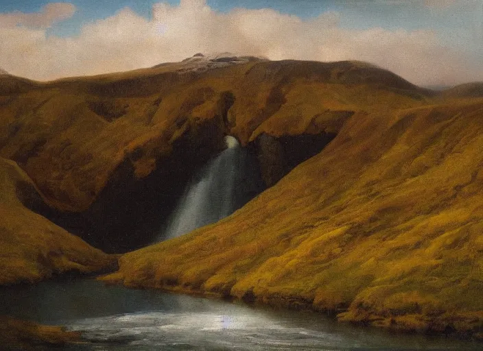 Image similar to vatnajokull national park, iceland in the style of hudson river school of art, oil on canvas