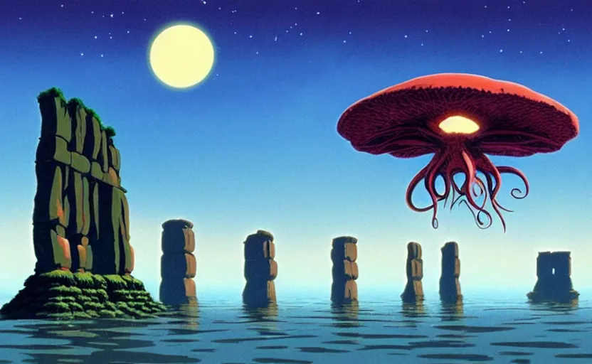 Prompt: a realistic cell - shaded studio ghibli concept art from paprika ( 2 0 0 6 ) of a multi - colored flying octopus from close encounters of the third kind ( 1 9 7 7 ) sitting on top of a flooded monument valley stonehenge on a misty starry night. very dull colors, hd, 4 k, hq