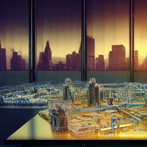 Image similar to large group people in open warehouse, looking at hologram of futuristic city on a table, cinematic still, godrays, golden hour, natural sunlight, 4 k, clear details, tabletop model buildings, tabletop model, ethereal hologram center, crane shot, crane shot, crane shot