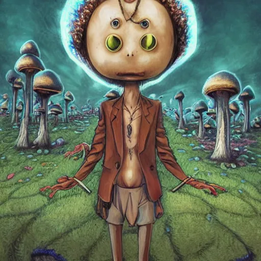 Image similar to A centered chest up portrait of a psychedelic shaman-like anthropomorphic frog smoking a hand-rolled cigarette smoking heavily , magic mushroom village in background . award winning. superb resolution. in the art style of junji Ito and greg rutkowski . Detailed Mushroom city in background. Hyper realistic anime. Perfect art. Dalle2