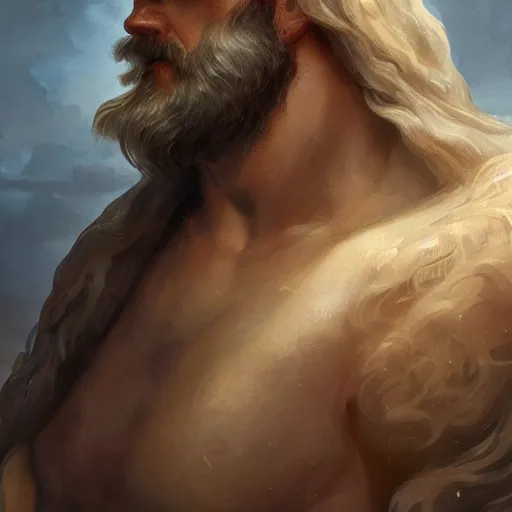 Image similar to portrait of zeus, intricate, elegant, highly detailed, digital painting, artstation, concept art, smooth, sharp focus, illustration, art by artgerm and greg rutkowski and alphonse mucha