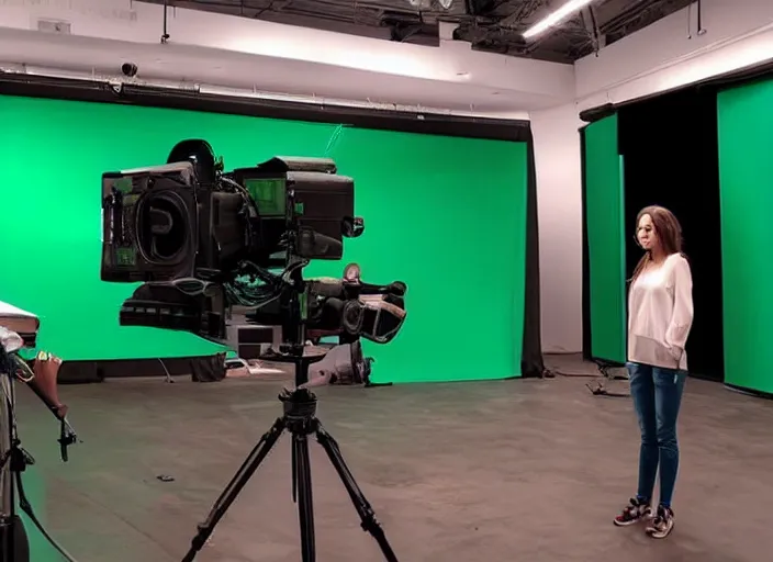 Prompt: a beautiful woman is standing in front of the green screen of the studio. movie vfx breakdown