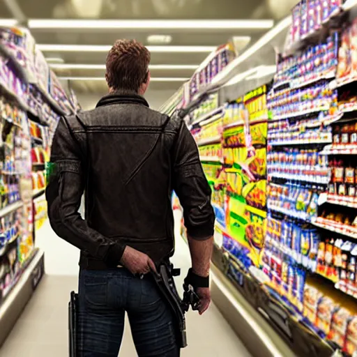 Prompt: the terminator buying stuff at the supermarket, unreal 5, hyperrealistic, octane render, cosplay, RPG portrait, dynamic lighting