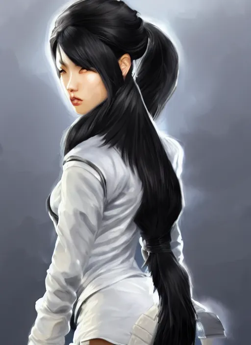 Image similar to a highly detailed illustration of fierce tall amazon messy ponytail black haired one armed delinquent japanese woman wearing white cap wearing long white jacket with cape, powerful imposing pose, muscular, perfect face, intricate, elegant, highly detailed, centered, digital painting, artstation, concept art, smooth, sharp focus, league of legends concept art, wlop.