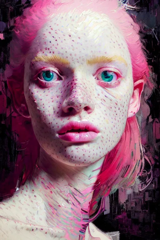 Image similar to portrait of a beautiful girl, albino, lots of freckles, nose piercing, shades of pink, beautiful face, rule of thirds, intricate outfit, spotlight, by greg rutkowski, by jeremy mann, by francoise nielly, by van gogh, digital painting
