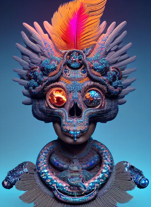 Image similar to 3 d goddess portrait, 8 k micro details global illumiantion beautiful intricate highly detailed quetzalcoatl skull and feathers. bioluminescent, plasma, fire, snow, water, wind, creature, thunderstorm! artwork by tooth wu and wlop and beeple and greg rutkowski, trending on artstation,