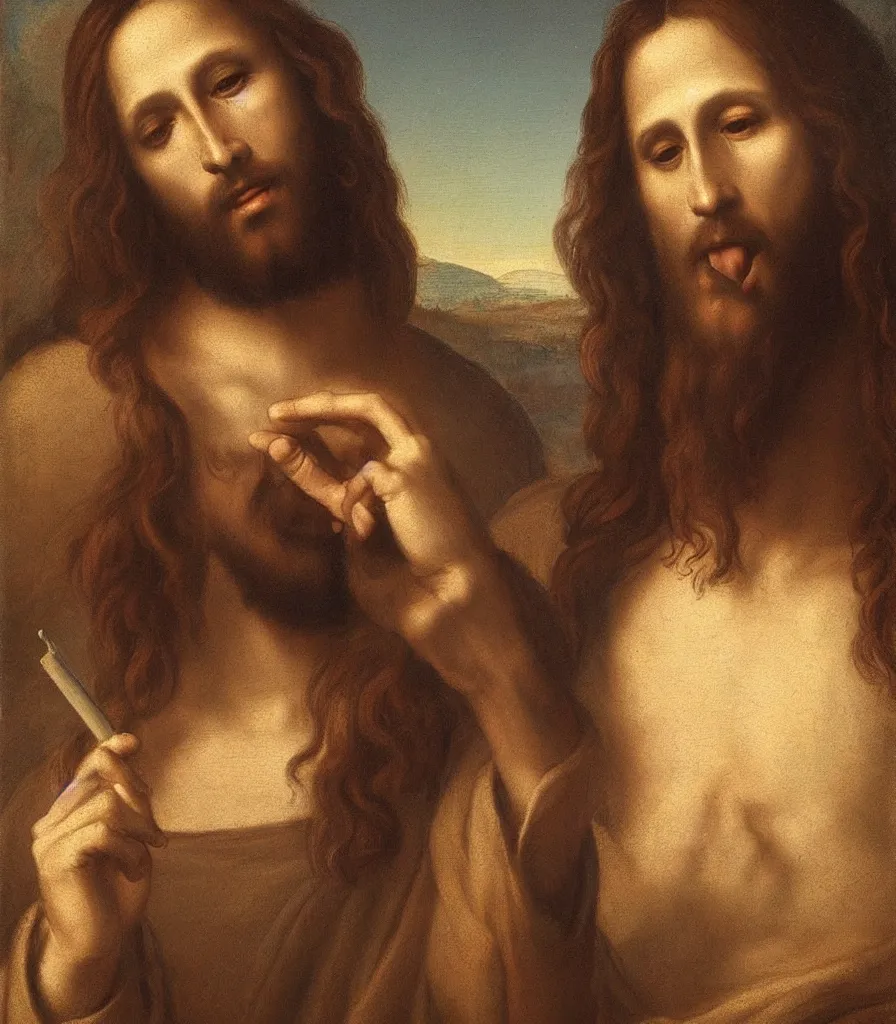 Image similar to a perfect portrait picture of jesus smoking a joing by leonadro da vinci, high resolutoion, artstation