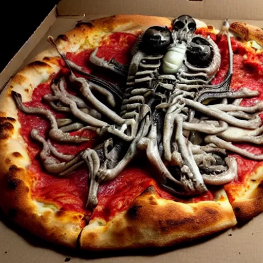 Prompt: a pizza in the style of Hr.giger,