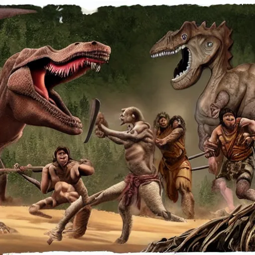 Image similar to A large dinosaur! fighting with several realistic detailed cavemen with proportioned bodies, next to the dinosaur are cavemen, the cavemen are armed with spears, the caveman are in a fighting stance, the cavemen are wearing animal furs, one caveman is stabbing the dinosaur with his spear, one caveman is cowering in fear, coarse canvas, visible brushstrokes, intricate, extremely detailed painting by William Turner (and by Greg Rutkowski)