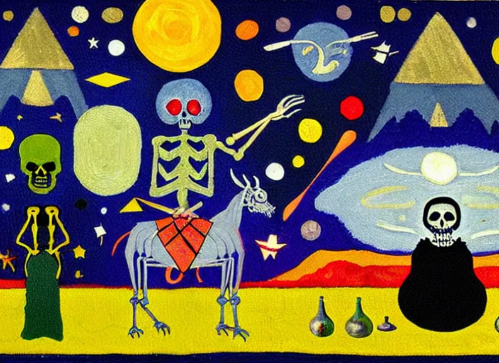 Image similar to pixel decollage painting tarot magician card composition wonky alien skeleton cook chef with knives on a horse in a dark green cloudy night sky with golden foil stars, occult symbols and tears, mountain lake and blossoming field in background, painted by mark rothko, helen frankenthaler, danny fox and hilma af klint, pixelated, neo expressionism