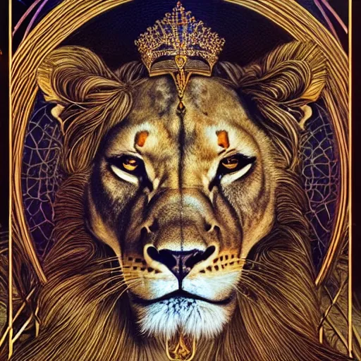 Prompt: highly detailed portrait of a majestic lioness queen in the form of a beautiful woman. d & d. art by william stout, donato giancola, brian bolland, ruan jia, peter lindbergh. trending on artstation, intricate details, energetic composition, golden ratio, concept art, illustration, elegant art, global illuminaition