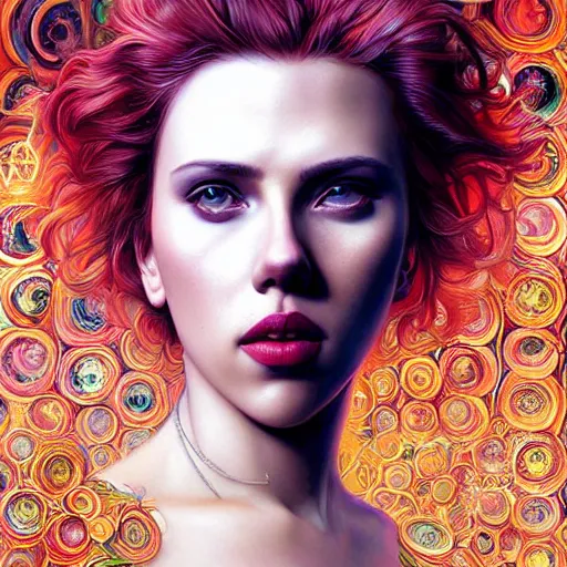 Image similar to portrait of scarlett johansson, hyper detailed masterpiece, neon floral pattern, jean giraud, digital art painting, darkwave goth aesthetic, psychedelic, artgerm, donato giancola and tom bagshaw