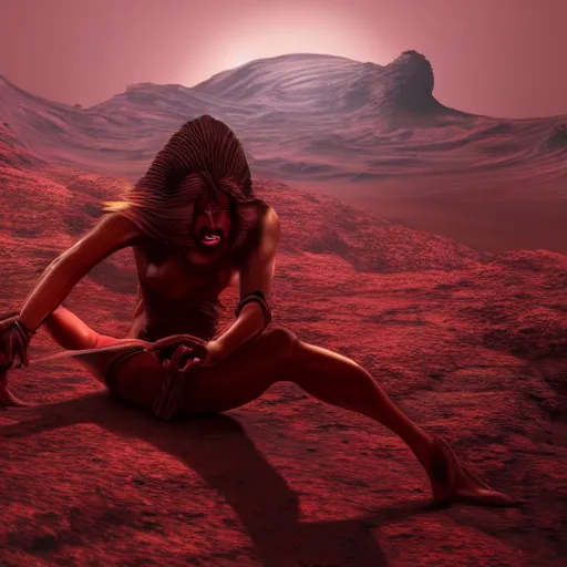 Image similar to Still of a Martian woman with gorgeous flowing hair on Mars, sitting on a Martian rock, reddish atmosphere with detailed highlights, dark gloomy sky cascading upon the atmosphere, well-detailed ornate Martian mountains in the background, trending on artstation, 4k, 8k