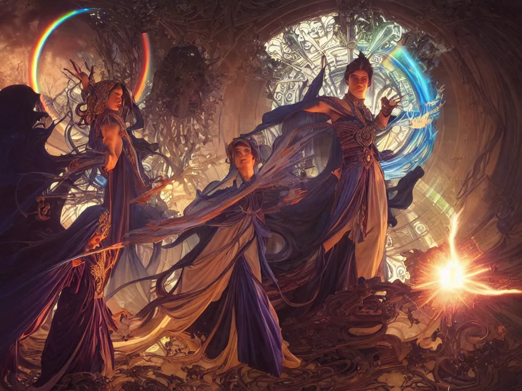 Prompt: painting of powerful stylish sorcerer and a cleric banishing the darkness and its abominations with a rainbow spell, ultra realistic, concept art, intricate details, eerie, highly detailed, photorealistic, octane render, 8 k, unreal engine. art by artgerm and greg rutkowski and magali villeneuve and alphonse mucha