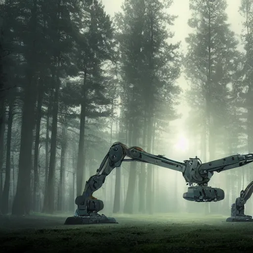 Image similar to A panoramic photograph of a giant robot working on a workstation in an uniform printing photos on a giant printer, around him 5 people are standing in a misty forest grove, large landscape, stars overhead, by Greg Rutkowski, 4k photorealistic, volumetric lighting, HD, high details, dramatic, trending on artstation