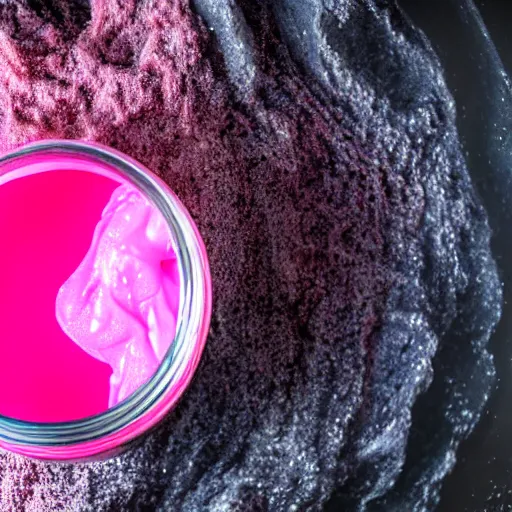 Prompt: a jar of pink goo in a volcano, product photography