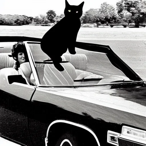 Prompt: A human scaled black cat driving a convertible from the 70s