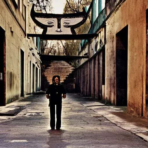 Prompt: empty street, mayan jaguar warrior, portrait, at dawn, by nan goldin, cinematography by quetzalcoatl