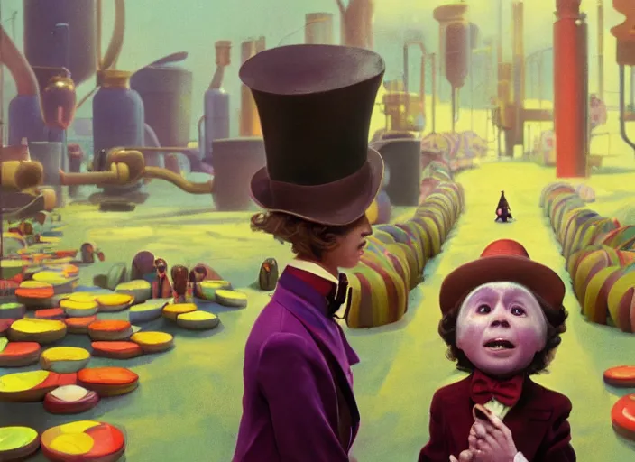 Prompt: film still of Willy Wonka's and the Chocolate Factory 1971 artwork made by Sergey Kolesov