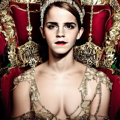 Image similar to emma watson as queen, big crown adorned with emerald, diamonds, topaz and other jewellaries, sensual, beautiful soft light failling on her face, studio photography, nikon 3 5 mm portrait photography, ultra realistic