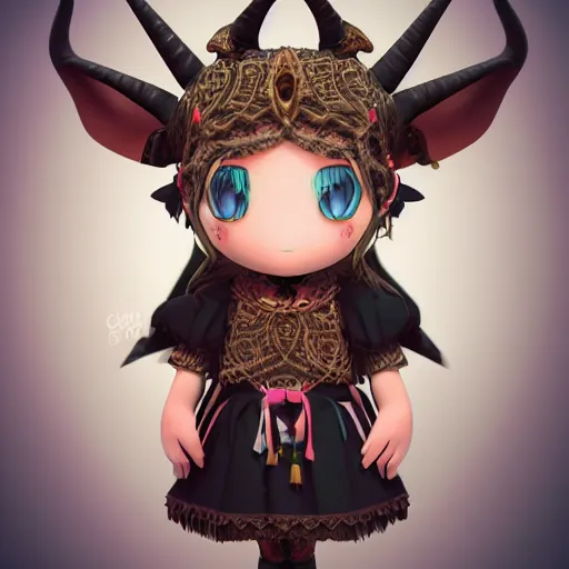 Image similar to cute fumo plush of a goat girl with horns, anime girl, tribal outfit with intricate celtic knot patterns, gothic maiden shaman, pagan goddess, glowing, bokeh, artstation, vray