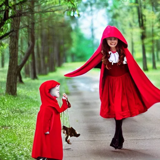 Image similar to little red riding hood riding the big bad wolf