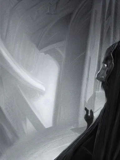 Image similar to a sad man wearing all black looking down. mourning, grieving. intricate, elegant, highly detailed, digital painting, artstation, concept art, sharp focus, illustration, by justin gerard and artgerm, 8 k