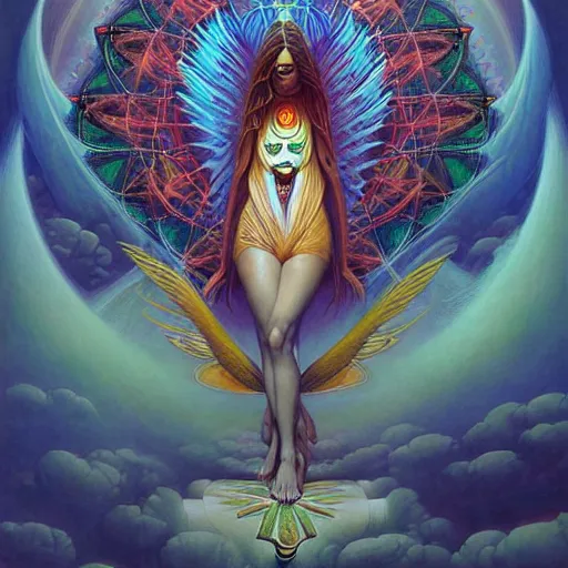 Image similar to psychedelic dmt angel artwork of esao andrews, frank peter mohrbacher, energy body, sacred geometry, esoteric art, divinity, detailed, tarot art