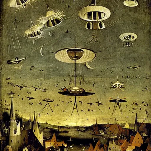 Prompt: ufo fleet over a 1 7 th century european town at night with light beams levitating people in their pajamas painting by hieronymus bosch