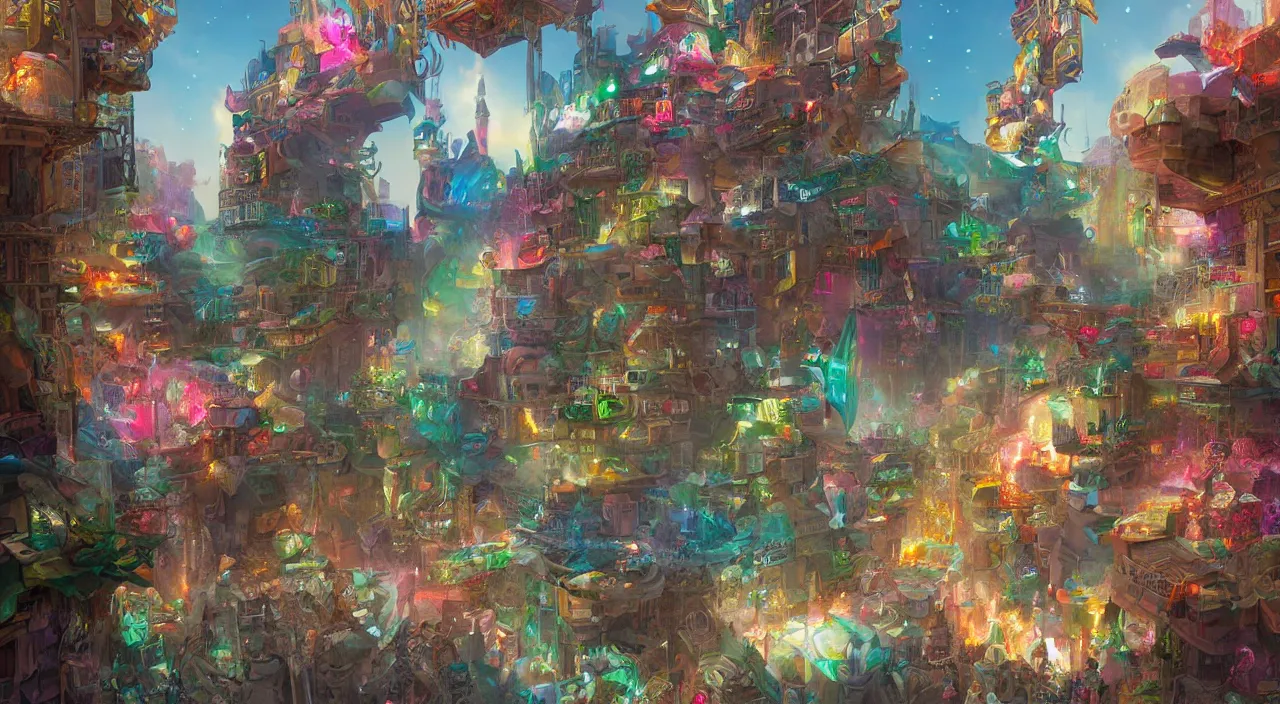 Image similar to bazaar zouk place aladin block greeble multicolorful sky shine mattepainting, street art, trending on artstation, by huang guangjian and gil elvgren and sachin teng