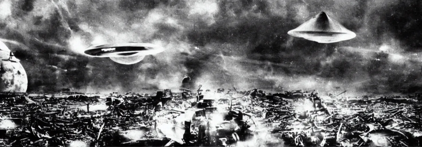 Image similar to Invasion of an alien life form in Germany, black and white photography, World War II, destruction, ufo, flying saucers, laser weapons, outerspace, technology