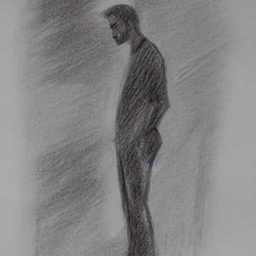 Image similar to a drawn man standing in the rain. pencil sketch.