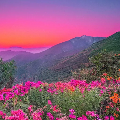 Prompt: the sun rises over the mountains, casting a pink and orange glow in the sky. the birds are singing and the flowers are blooming.