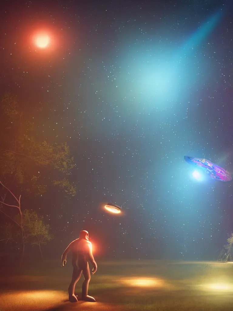 Image similar to its midnight and Bigfoot is engulfed in light while being abducted by a flying saucer with multi-colored lights, cinematic, hyper realism, high detail, bright lights, octane render, 8k