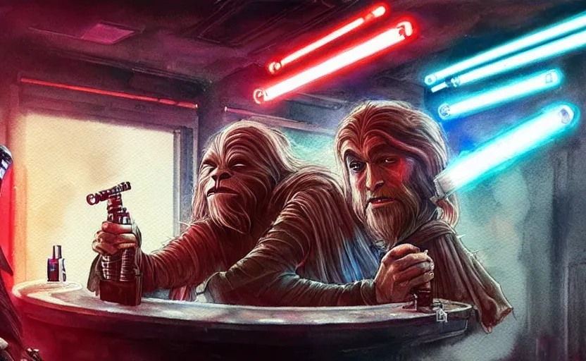 Image similar to an accurate realistic star wars watercolor fantasy concept art of a drug dealer that looks like chris d'elia looking crazy in a sleazy futuristic bar of coruscant, hq, 4 k