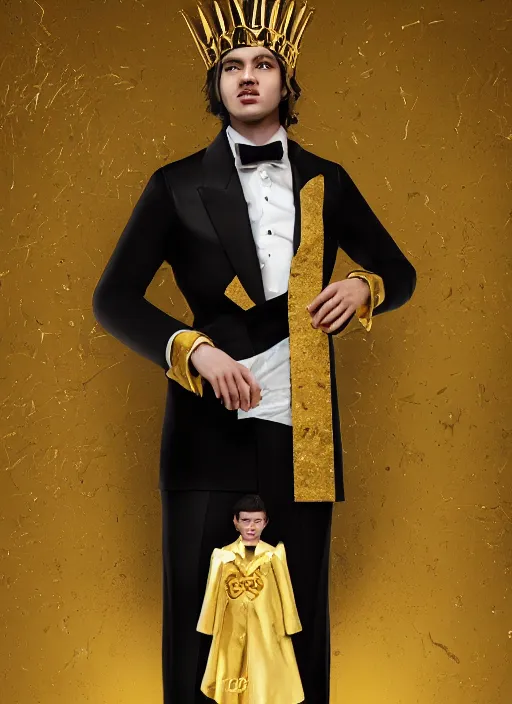 Prompt: young Camilo as a paper man wearing a golden crown and a black tissue paper prince tuxedo by Prada. ethereal, fantasy, Lawrence Alma-Tadema, James Jean, oozium, peter morbacher, angelarium, alchemy, luxury, heavenly light, Soft illumination, Trending on artstation, Cinematic Lighting, very detailed, 3D, octane render, artgerm