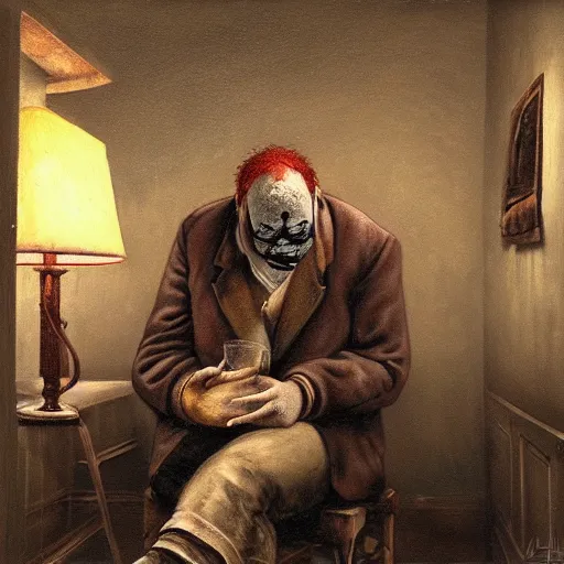 Image similar to a hyperrealistic painting of a depressed clown sitting backstage drinking whiskey and crying, by john kenn mortensen, highly detailed,