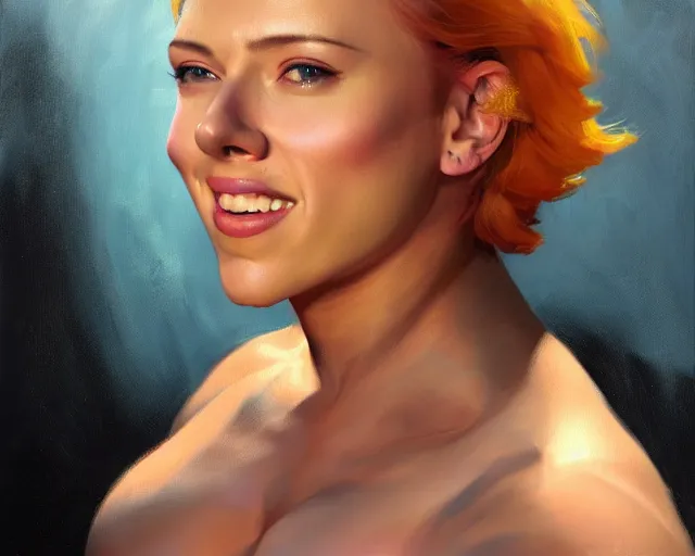 Image similar to greg manchess portrait painting of smiling scarlett johansson as beautiful thick female bodybuilder zarya from overwatch, medium shot, asymmetrical, profile picture, organic painting, sunny day, matte painting, bold shapes, hard edges, street art, trending on artstation, by huang guangjian and gil elvgren and sachin teng