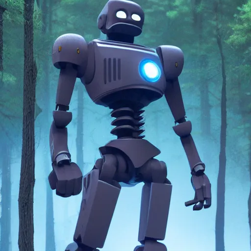 Image similar to ultra realistic and intricate detailed photograph of iron giant in forest from the movie, pixar, iron, giant, technology, innovation, bright modern style, artstation, unreal render, depth of field, ambient lighting, award winning, stunning