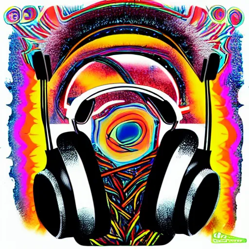 Prompt: artgerm, psychedelic android, rocking out, headphones dj rave, digital artwork, r. crumb, svg vector