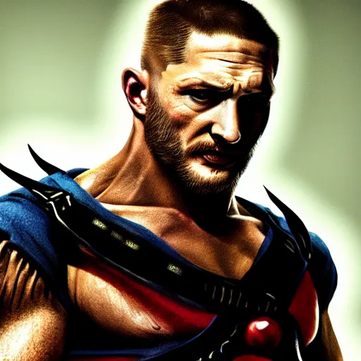 Image similar to Tom Hardy in wolverine suit Digital art 4K quality Photorealism