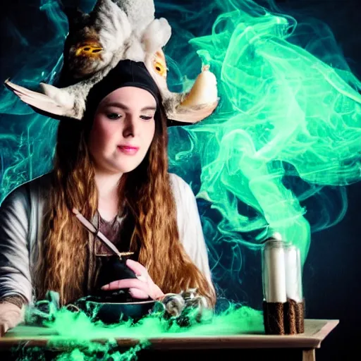 Prompt: owl, teen witch mixing a spell in a cauldron, wispy smoke, witch hat, studio photography, green glowing smoke is coming out of the cauldron, ingredients on the table, unorganized apothecary shelves in the background