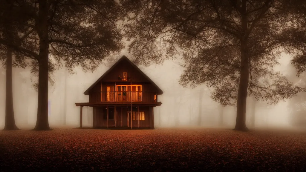 Image similar to a beautiful wooden house with a large tree nearby and street lights on, fog, volumetric lighting, mystique, atmospheric, sharp focus, ultra detailed, noir art house, 4 k, 3 5 mm