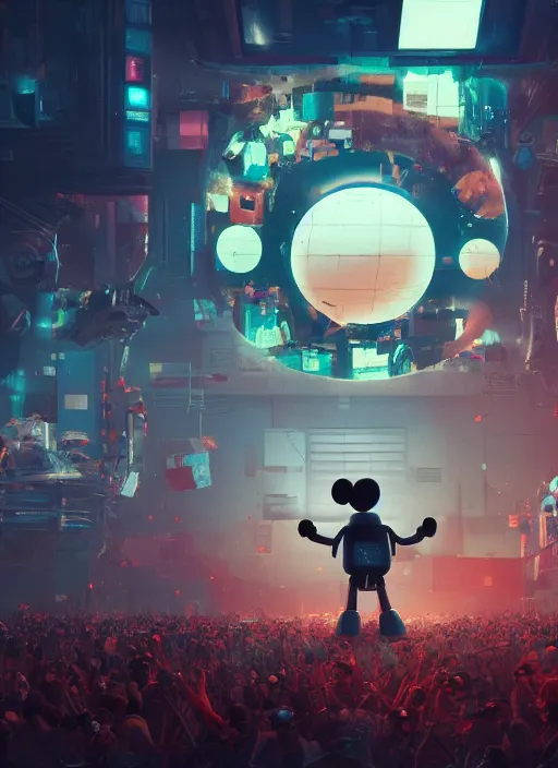 Image similar to giant destroyed head of robotic mickey mouse surrounded by people, inside of abandoned netflix office, cyberpunk, by beeple, dystopia, golden ratio, octane render, redshift, trending on artstation, 8 k