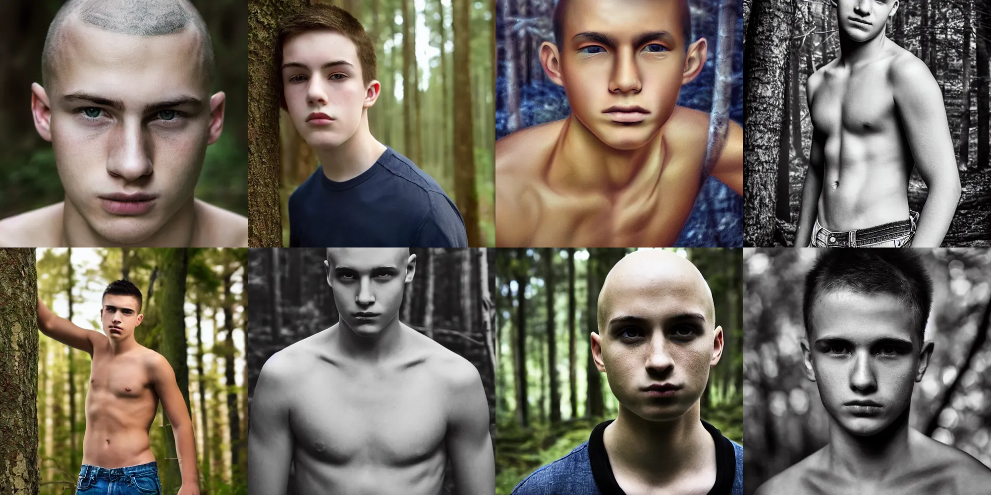 Prompt: portrait, male teenager, bald, shirtless, blue jeans, dark shaped eyes, walking in forest, detailed face, realistic photo.