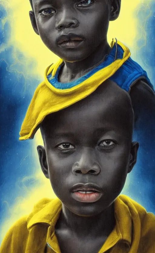 Prompt: upper half portrait of an african boy - in yellow cape - inside puffy clouds - surrounded by bolts of lightning - rays of light emanating from clouds - in drew struzan movie poster style, art by drew struzan & hsiao - ron cheng, highly detailed, digital painting, ray tracing, illustration, smooth, sharp focus, intricate, symmetry, artstation,