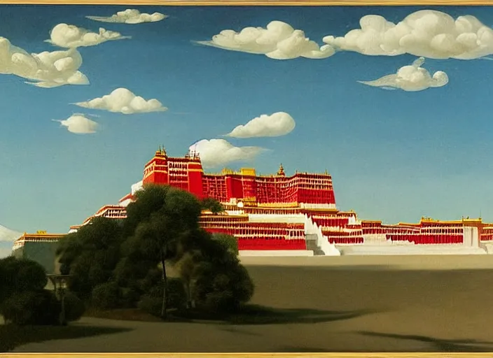 Image similar to lhasa palace, clouds, bird, open ceiling, strange foreign objects, oil painting by edward hopper, chirico and rene magritte